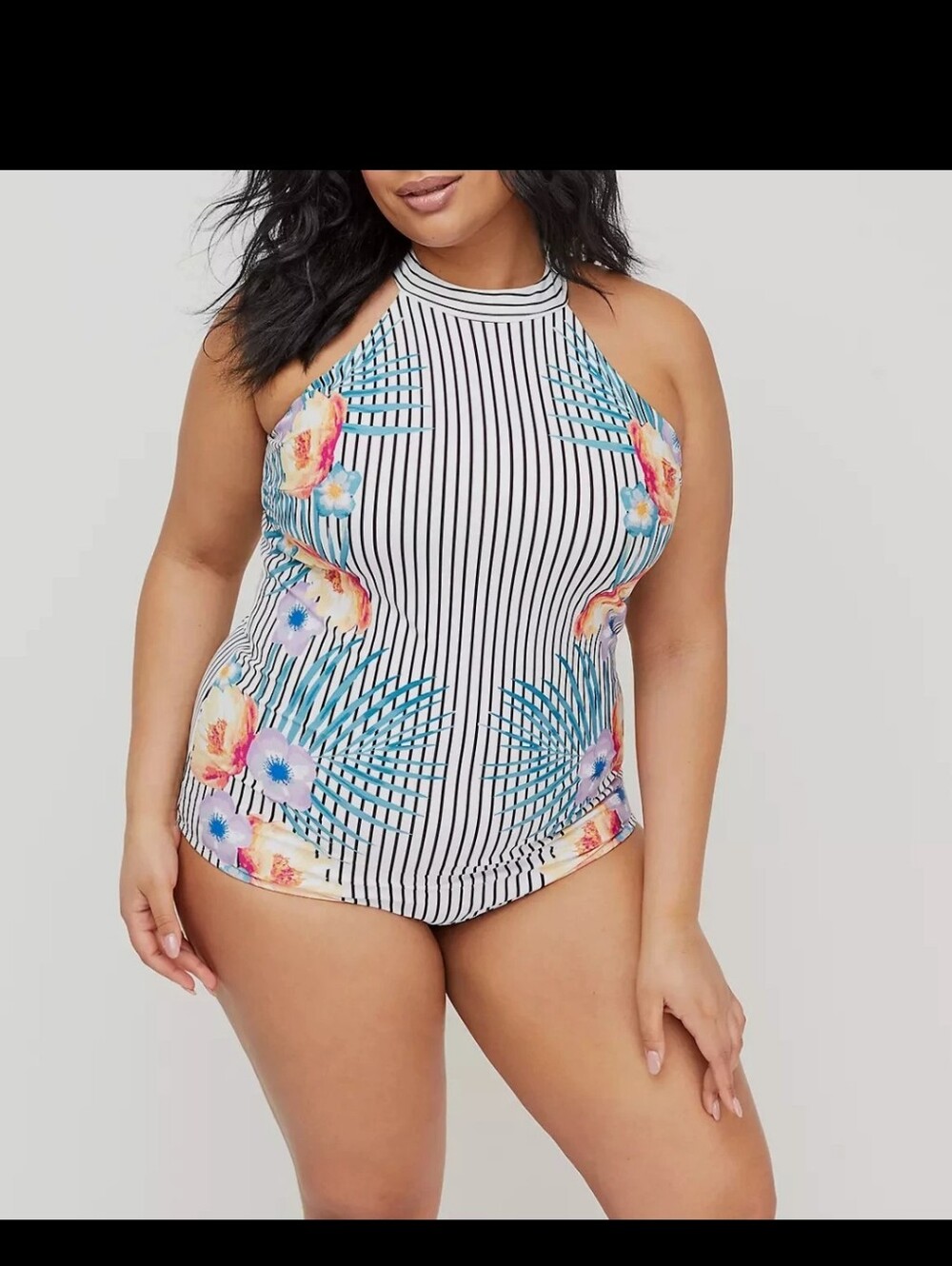Swim By Cacique Black & White Striped Halter Swimsuit Floral Zippered Size 18